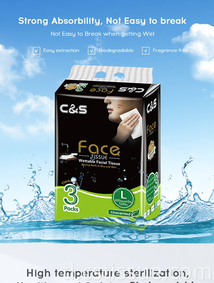 Disposable soft pack malakas na pagsipsip ng tubig birhen na pulp 3 ply facial tissue
